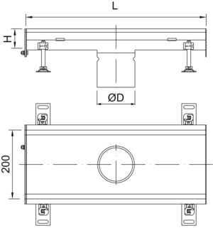 Tegning af Modular 200 centerplaceret afløbsoverdel